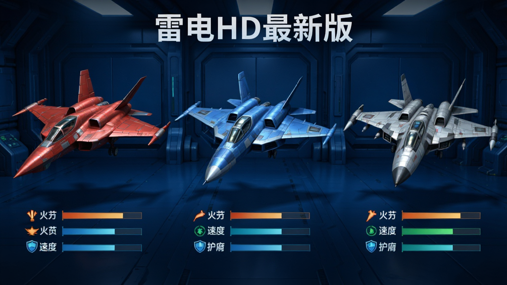 画面主体为三架不同颜色和造型的科幻战机并排悬浮在机库中,布局采用横向排列展示,排版上方居中标注文字