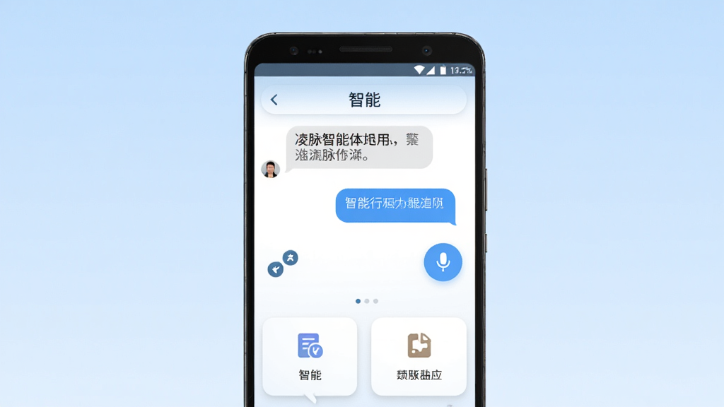 凌脉智能体手机应用界面展示,主体为一部安卓手机,屏幕显示智能对话窗口和功能图标,布局为居中展示手机正面,背景为浅蓝色渐变,风格简洁科技感,细节包含对话气泡、语音按钮、功能卡片,画质清晰,干净,无多余元素