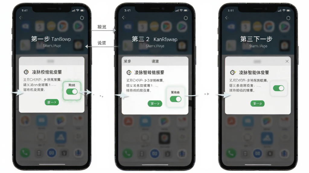 凌脉智能体安卓手机安装步骤示意图,主体为手机屏幕显示安装权限设置页面,布局为分步截图排列,风格教程类清晰直观,细节包含开关按钮、提示文字、下一步箭头,画质清晰,干净,无多余元素