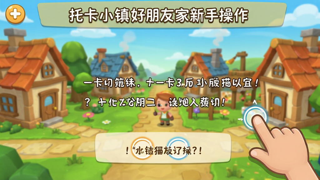 托卡小镇好朋友家新手操作界面截图,展示游戏引导教程画面,有手指点击提示和文字说明,背景是卡通小镇,界面清晰友好,风格简洁明了,画质高清,干净无杂乱元素
