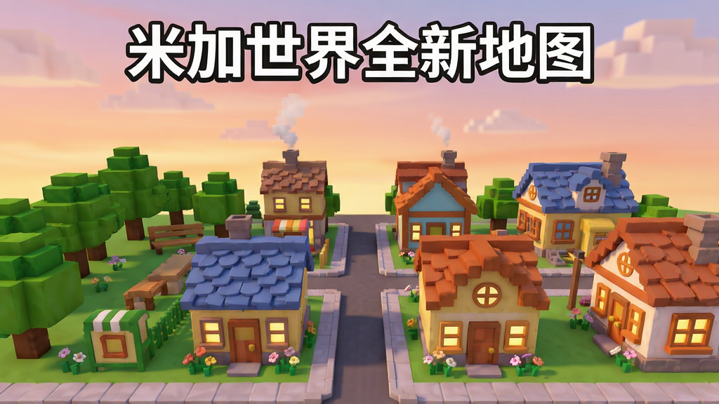米加世界全新地图游戏主界面预览图,画面中央展示一座色彩缤纷的方块小镇,左侧是绿树成荫的公园,右侧是错落有致的房屋建筑,天空呈现柔和的黄昏色调,整体风格卡通可爱,布局采用中心对称构图,排版突出游戏名称“米加世界全新地图”在画面顶部,风格为高清3D渲染,细节包括屋顶瓦片纹理、窗户灯光、路边小花,画质清晰干净,无多余元素