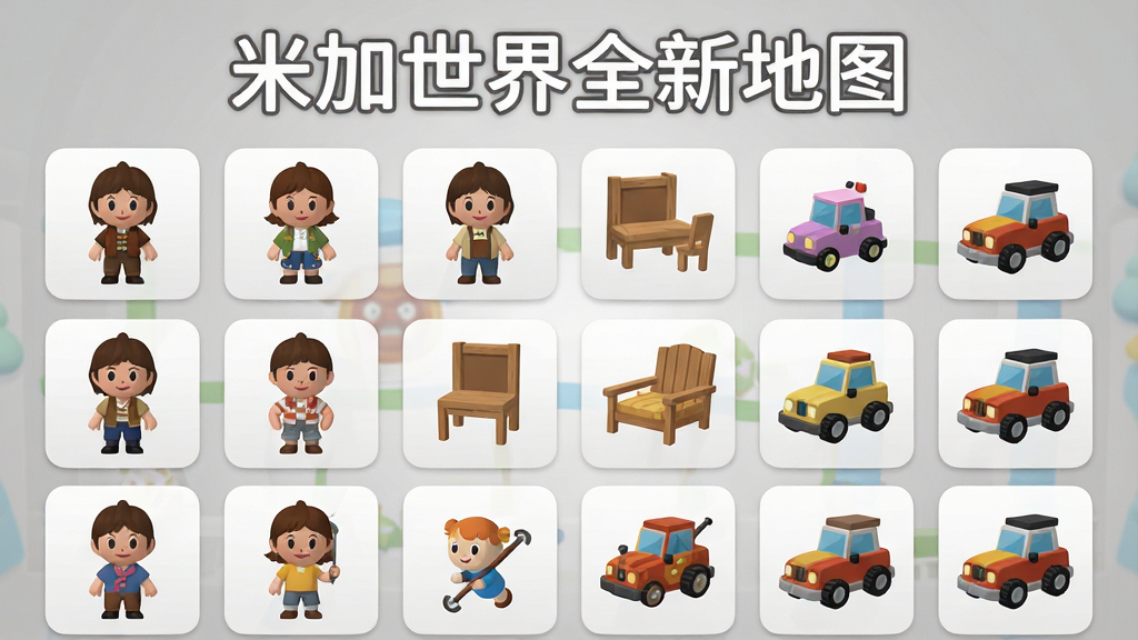 米加世界全新地图全解锁内容展示图,画面中排列着多个已解锁的角色形象和道具图标,包括不同服装、家具、车辆等,采用网格状布局,背景为浅灰色渐变,排版将游戏名称“米加世界全新地图”置于画面正上方,风格为扁平化图标设计,细节清晰,画质干净整洁,无多余元素