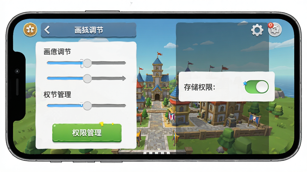 米加世界全新地图新手操作界面示意图,画面展示手机屏幕中游戏设置菜单与权限管理界面,左侧为画质调节选项,右侧为存储权限开关,背景为游戏主城远景,布局采用左右分栏排版,风格为扁平化UI设计,细节包括按钮高光、文字标注,画质清晰干净,无多余元素