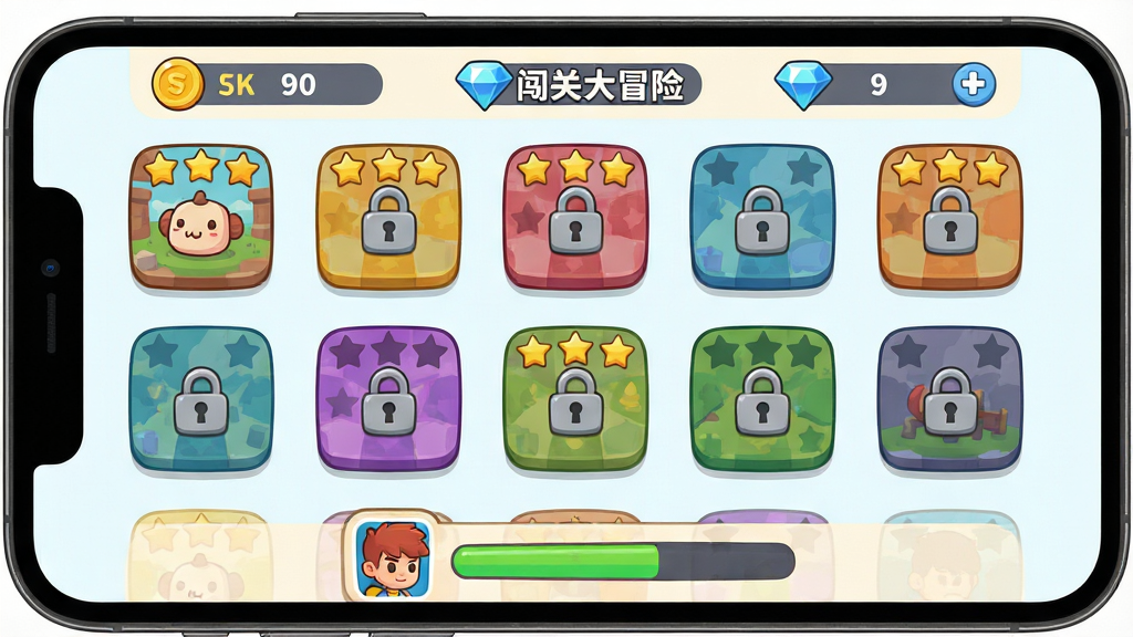 一张展示魔性之光闯关大冒险游戏关卡选择界面的图片,画面主体是手机屏幕中排列着多个彩色关卡图标,图标上有星级评价和锁形标记,布局采用网格排列方式,风格为扁平化卡通UI,细节包括顶部显示金币和钻石数量的横条、底部有角色头像和进度条,画质高清干净,无多余元素,画面中文字标注“魔性之光闯关大冒险”