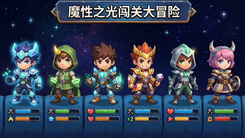 魔性之光闯关大冒险角色选择界面,画面中央展示六位风格各异的卡通角色并排站立,每位角色脚下有属性数值条,布局为横向卷轴式排列,风格为日系卡通渲染,细节包括角色身上的发光装备、背景的星空纹理、顶部标题栏,画质清晰干净,无多余元素,画面中文字标注“魔性之光闯关大冒险”