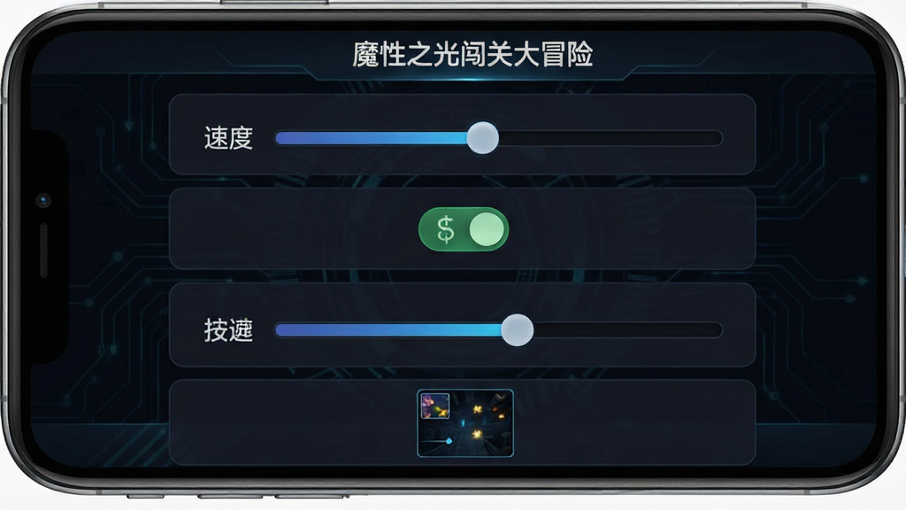 魔性之光闯关大冒险设置菜单界面截图风格图片,画面主体是手机屏幕显示各种滑动条和开关按钮,布局采用竖向列表排版,风格为深色科技感UI,细节包括速度调节滑块、音乐开关图标、按键透明度调节条、辅助线预览小图,画质清晰干净,无多余元素,画面中文字标注“魔性之光闯关大冒险”