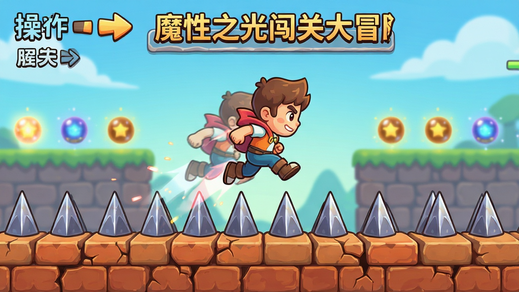 魔性之光闯关大冒险新手教学关卡截图风格图片,画面主体是卡通角色正在跳过一排尖刺陷阱,屏幕上方显示操作提示文字和箭头指引,布局为横版卷轴视角,风格为明亮卡通渲染,细节包括角色跳跃时的残影特效、地面砖块裂缝、背景中的光球收集物,画质清晰干净,无多余元素,画面中文字标注“魔性之光闯关大冒险”