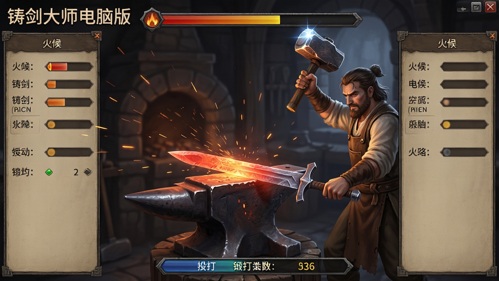 铸剑大师电脑版锻造界面,主体为铁砧上通红的剑胚与高举铁锤的铸剑师,布局为中央操作区加两侧参数面板,排版上方显示火候进度条、下方显示锻打次数,风格为古风写实游戏UI,细节包含火星飞溅、铁锤高光、剑胚纹理,画质高清干净无多余元素,画面中带有“铸剑大师电脑版”文字