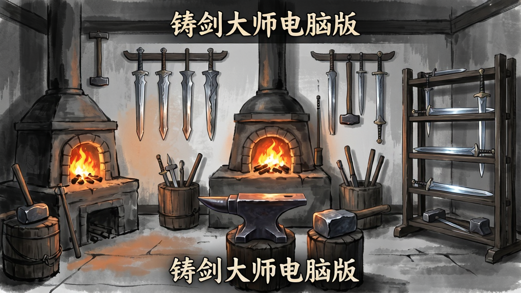 铸剑大师电脑版游戏主界面全貌,主体为一间古代铸剑工坊,中央摆放铁砧与火炉,四周悬挂各式剑胚与工具,布局采用横版宽屏视角,排版左侧为熔炼区、右侧为成品展示架,风格为中国古风水墨写实,细节包括炉火跳动、铁锤纹理、剑身寒光,画质高清干净无多余元素,画面中带有“铸剑大师电脑版”文字标识