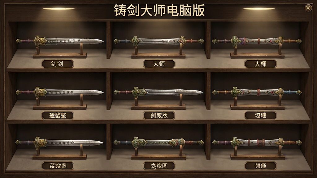 铸剑大师电脑版名剑图鉴界面,主体为陈列架上摆放的多把古剑,布局为网格状排列、每把剑下方有名称标签,排版整齐对称,风格为古典博物馆展示风,细节包括剑身铭文、剑柄装饰、展台灯光,画质高清干净无多余元素,画面中带有“铸剑大师电脑版”文字