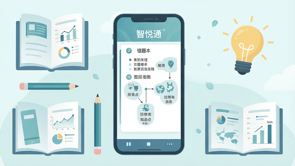 一幅展示“智悦通”智能学习辅助功能的场景插画,画面中央为手机屏幕,屏幕内显示错题本与知识点图谱,周围环绕书本、铅笔、灯泡等学习元素,布局左右对称,风格为清新简约的扁平插画风,细节包含柔和的蓝绿色调与清晰的数据图表,画质高清干净无多余元素