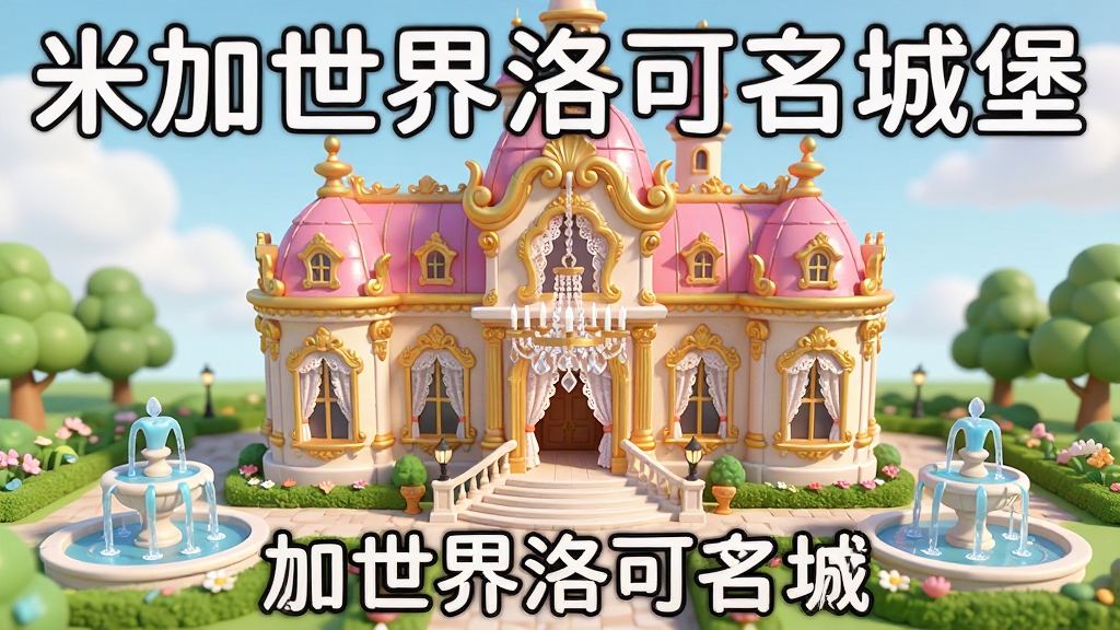 米加世界洛可可城堡】主体是一座宏伟的洛可可风格城堡建筑,布局在画面中央,周围环绕着精致的花园和喷泉,排版采用横向构图,风格为3D卡通渲染,细节包括金色雕花、粉色屋顶、水晶吊灯和蕾丝窗帘,画质高清干净,无多余元素,画面中带有“米加世界洛可可城堡”文字标题,整体色调柔和梦幻。