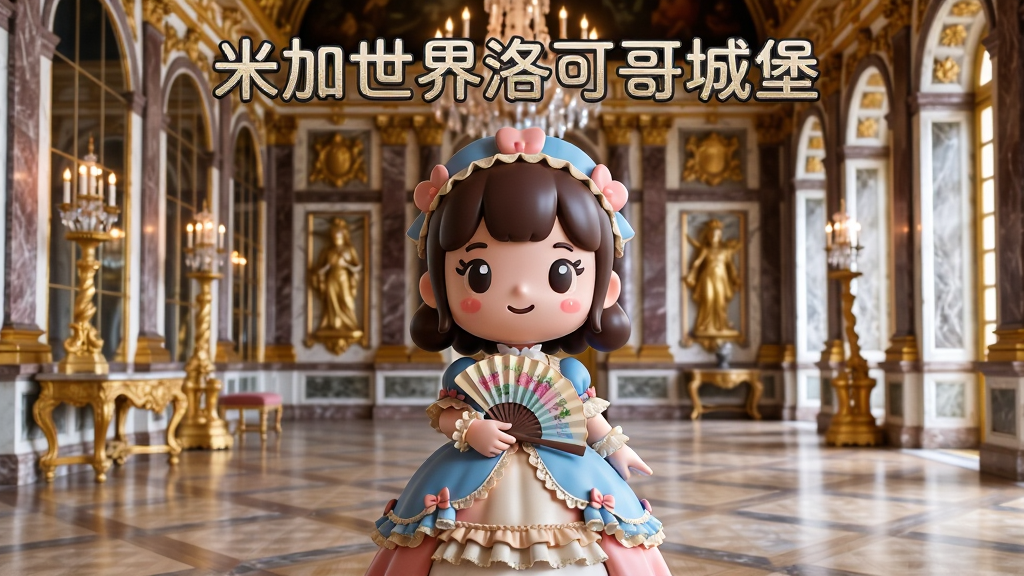 米加世界洛可可城堡】主体是一个可爱的卡通角色站在洛可可风格城堡的舞厅中央,布局为角色位于画面正前方,背景是华丽的镜厅和吊灯,排版采用居中构图,风格为3D卡通渲染,细节包括角色的精致裙装、手中的扇子、地面的大理石纹理和墙面的金色浮雕,画质高清干净,无多余元素,画面中带有“米加世界洛可可城堡”文字。