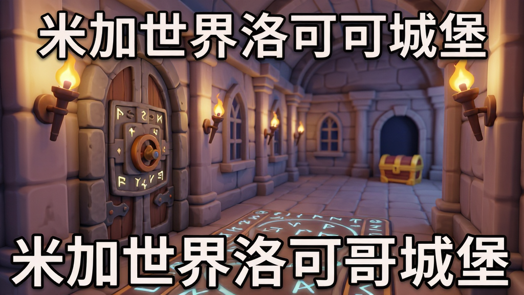 米加世界洛可可城堡】主体是一个隐藏的密室入口,布局在城堡走廊的尽头,排版采用纵深构图,风格为3D卡通渲染,细节包括石门上的谜题机关、墙上的火把、地上的神秘符文和远处的宝箱,画质高清干净,无多余元素,画面中带有“米加世界洛可可城堡”文字。