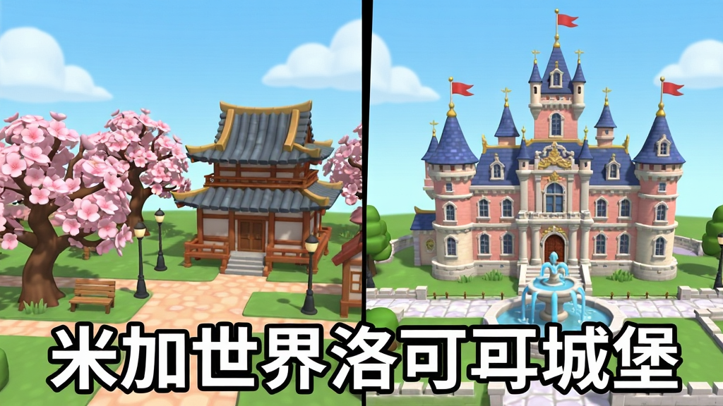 米加世界洛可可城堡】主体是米加世界系列两款游戏的对比图,布局为左侧樱花小镇场景,右侧洛可可城堡场景,排版采用左右分割构图,风格为3D卡通渲染,细节包括左侧的樱花树和日式建筑,右侧的欧式城堡和喷泉,画质高清干净,无多余元素,画面中带有“米加世界洛可可城堡”文字。