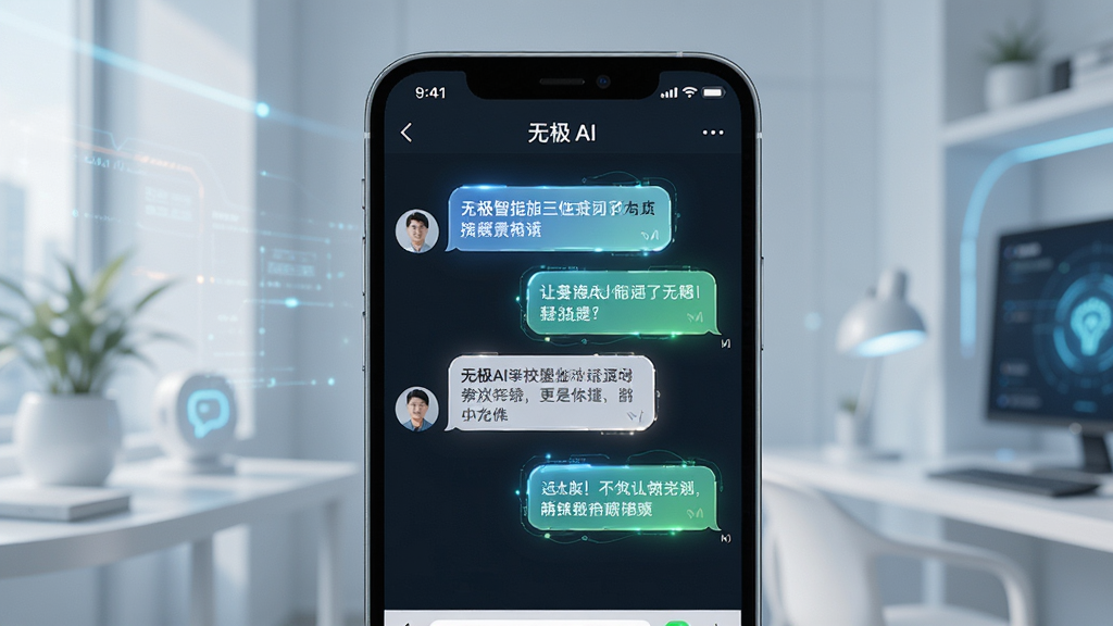 一张展示无极AI智能对话功能的图片,画面主体为手机屏幕,屏幕中显示用户与无极AI的对话记录,对话内容涉及问答场景,布局为上下结构的聊天气泡,风格清新科技感,细节丰富,画质干净,无多余元素