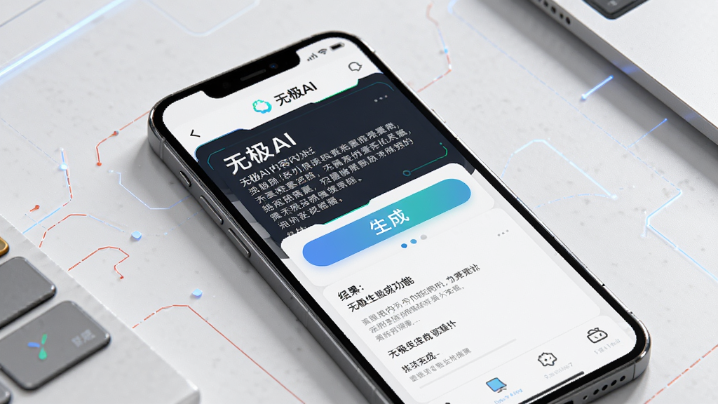 一张展示无极AI内容生成功能的图片,画面中央为手机屏幕,屏幕中显示无极AI正在生成一篇文案,界面包含生成按钮和结果展示区域,布局简洁,风格现代商务,细节清晰,画质干净,无多余元素