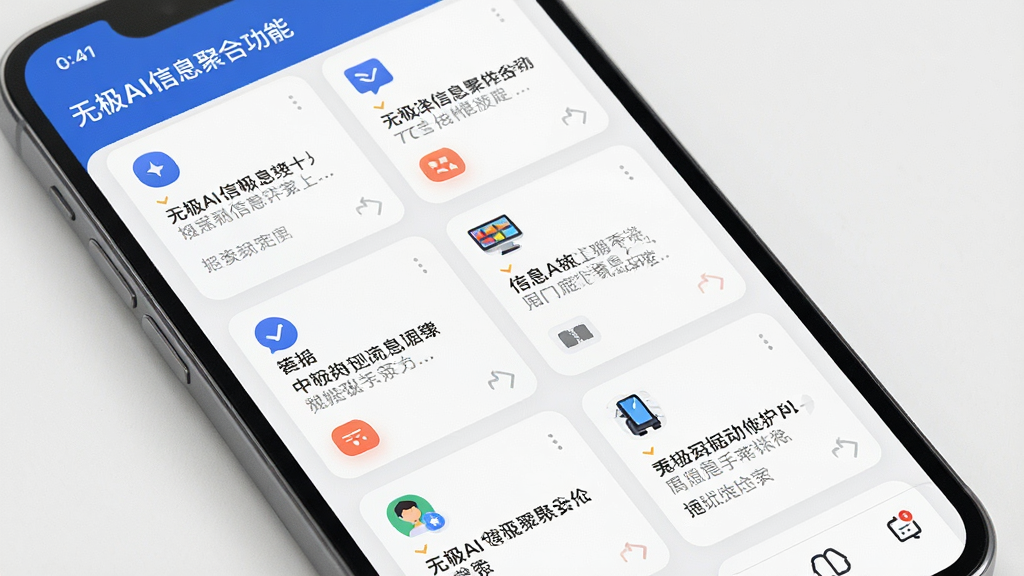 一张展示无极AI信息聚合功能的图片,画面主体为手机屏幕,屏幕中显示多个信息卡片以网格形式排列,卡片包含文字摘要和图标,布局整齐,风格清爽简约,细节丰富,画质干净,无多余元素