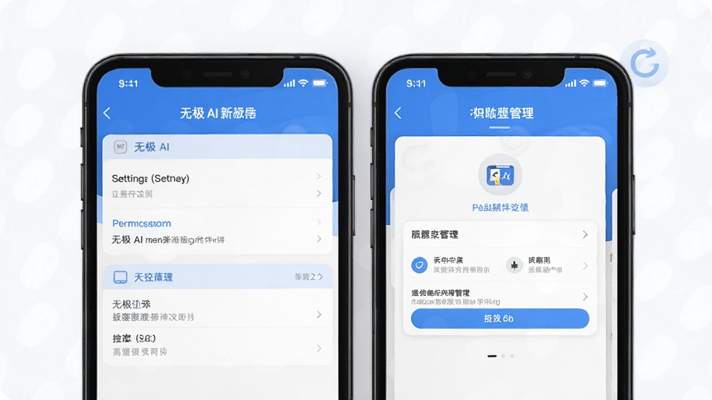 一张展示无极AI新手操作引导的图片,画面主体为手机屏幕,屏幕中显示无极AI的设置页面和权限管理界面,布局清晰,风格简洁实用,细节丰富,画质干净,无多余元素