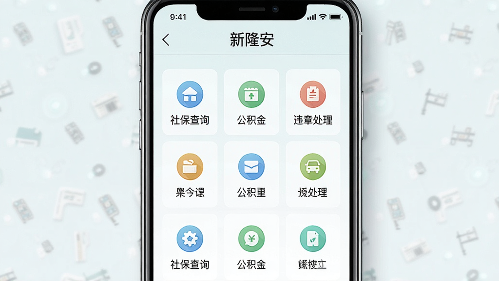 一张手机应用便民服务功能页面的图片,画面主体为一部智能手机,屏幕上展示着