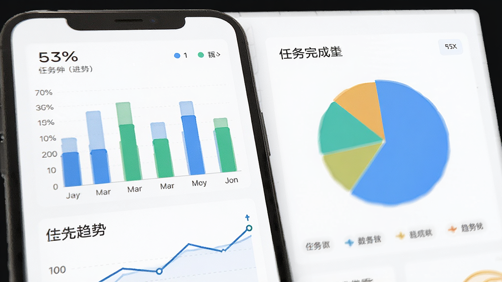 项目大师数据统计页面,主体为手机屏幕显示柱状图与饼状图,布局为上下结构,排版清晰,风格为简约数据可视化风,细节包含进度百分比、任务完成数量、趋势折线,画质高清,干净,无多余元素