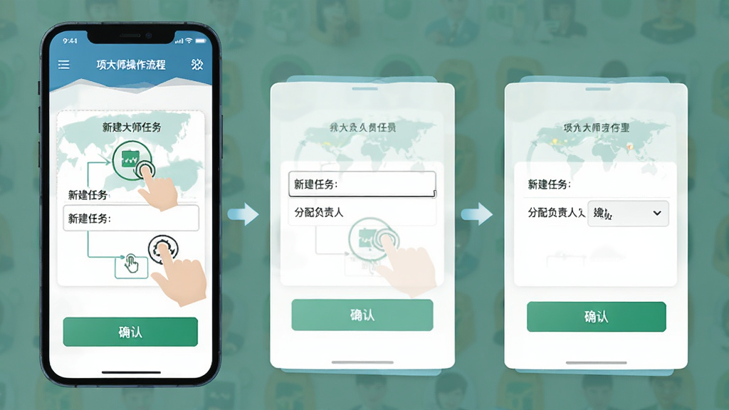 项目大师操作流程示意图,主体为手机屏幕展示新建任务与分配负责人的操作步骤,布局为分步展示,排版从左到右依次排列,风格为扁平化教学风,细节包含手指点击图标、输入框、下拉菜单与确认按钮,画质高清,干净,无多余元素