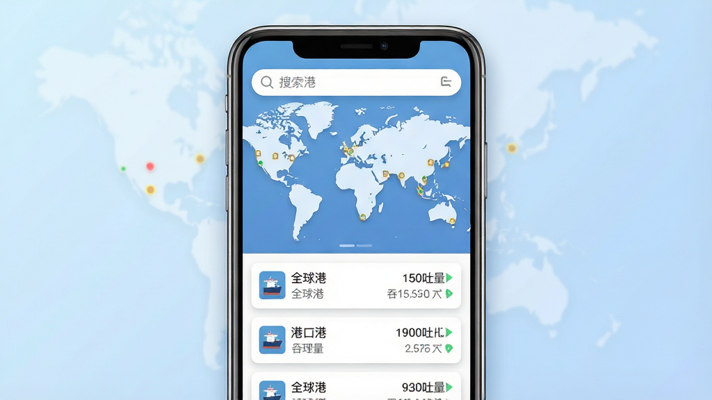 一张展示全球港应用界面的手机预览图,画面中央是一部智能手机,屏幕上显示全球港APP的主界面,界面中包含世界地图背景,地图上标注了多个港口城市的点位,顶部有搜索栏,下方排列着港口列表卡片,每张卡片显示港口名称和吞吐量数据。布局为居中手机展示,背景为浅蓝色渐变。风格为现代扁平化UI设计,细节包括清晰的图标、简洁的字体、柔和的阴影效果。画质为高清2K,干净无多余元素,画面中文字标注为“全球港”。