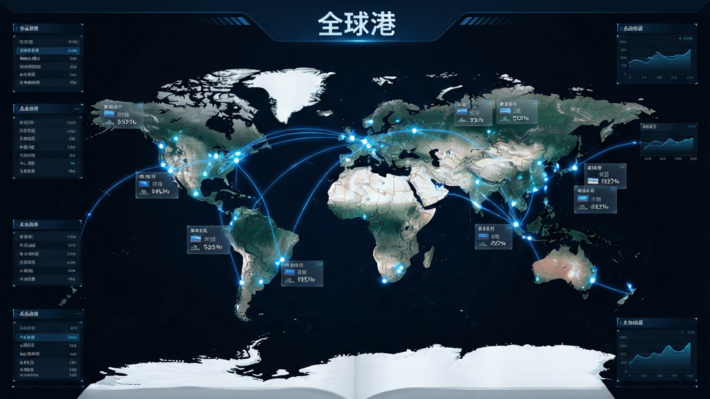 一幅展示全球港应用数据覆盖能力的AI生图,画面主体为一张展开的世界地图,地图上密布着发光的港口标记点,每个标记点旁边有小型数据卡片显示港口名称和吞吐量数字。布局为横向宽幅地图居中展示,四周有数据面板环绕。风格为科技感数据可视化风格,细节包括蓝色发光线条连接各大港口、半透明数据浮层、深色背景衬托。画质为4K超清,干净无多余元素,画面中文字标注为“全球港”。