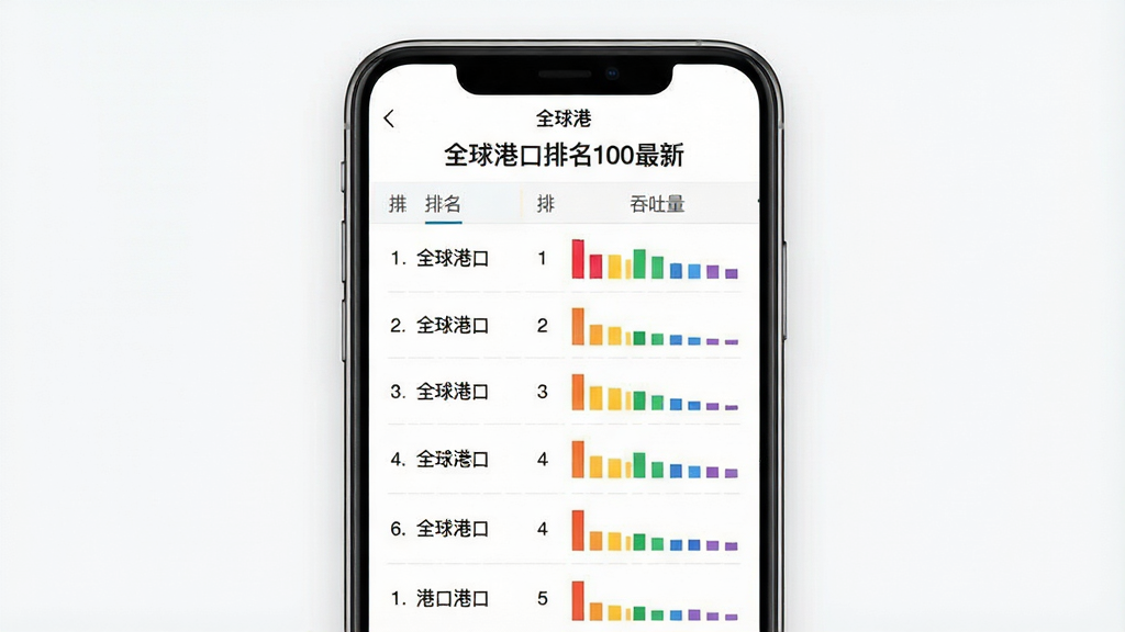 一张全球港应用内港口排名页面的手机截图风格生图,画面中央为手机屏幕,屏幕上显示一个排名列表,列表顶部标题为“全球港口排名100最新”,下方依次排列着港口名称、排名数字和吞吐量柱状图。布局为居中手机展示,背景为白色简洁风格。细节包括清晰的排名数字、彩色柱状图、整齐的列表分隔线。画质为高清2K,干净无多余元素,画面中文字标注为“全球港”。