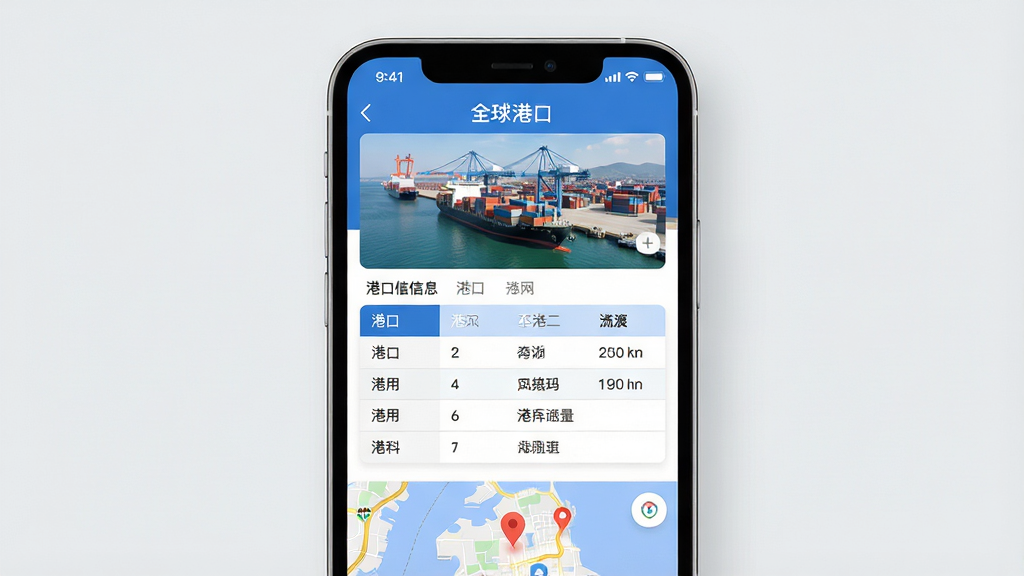 一幅展示全球港应用港口详情页面的生图,画面主体为一部手机,屏幕上显示港口详情页,页面顶部为港口名称和照片,中部为港口基本信息表格,底部为地图定位展示。布局为居中手机展示,背景为浅灰色。风格为现代移动应用UI风格,细节包括清晰的图标、表格线条、地图标记。画质为高清2K,干净无多余元素,画面中文字标注为“全球港”。