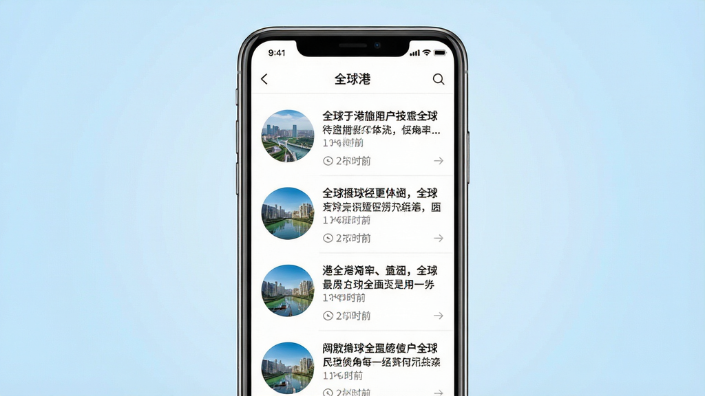 一张全球港应用资讯页面的生图,画面中央为手机屏幕,屏幕上显示资讯列表,每条资讯包含标题、缩略图和发布时间。布局为居中手机展示,背景为淡蓝色渐变。风格为清新资讯阅读风格,细节包括清晰的文字排版、圆形缩略图、时间标签。画质为高清2K,干净无多余元素,画面中文字标注为“全球港”。