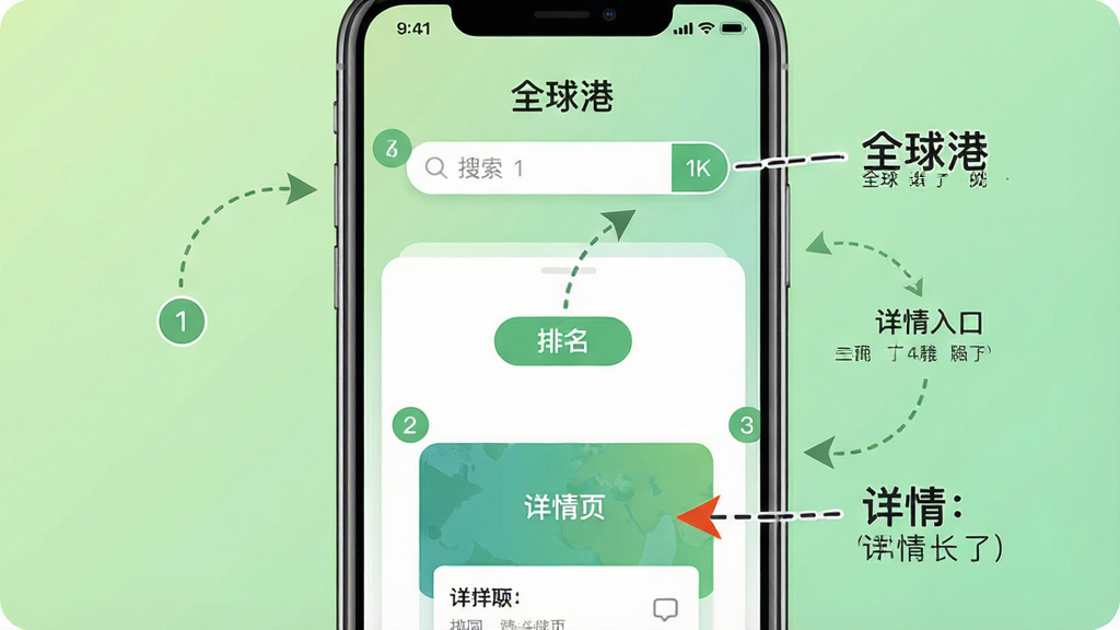 一张展示全球港应用新手操作引导页面的生图,画面主体为手机屏幕,屏幕上显示分步操作指引,包括搜索框、排名按钮、详情页入口的标注箭头和文字说明。布局为居中手机展示,背景为浅绿色渐变。风格为友好引导式UI设计,细节包括圆形序号标记、虚线箭头、简洁文字说明。画质为高清2K,干净无多余元素,画面中文字标注为“全球港”。