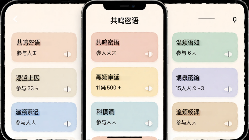 一个手机界面展示语音房间列表的图片,画面中有多个房间卡片,每个卡片上有房间名称和参与人数,卡片配色柔和,顶部有