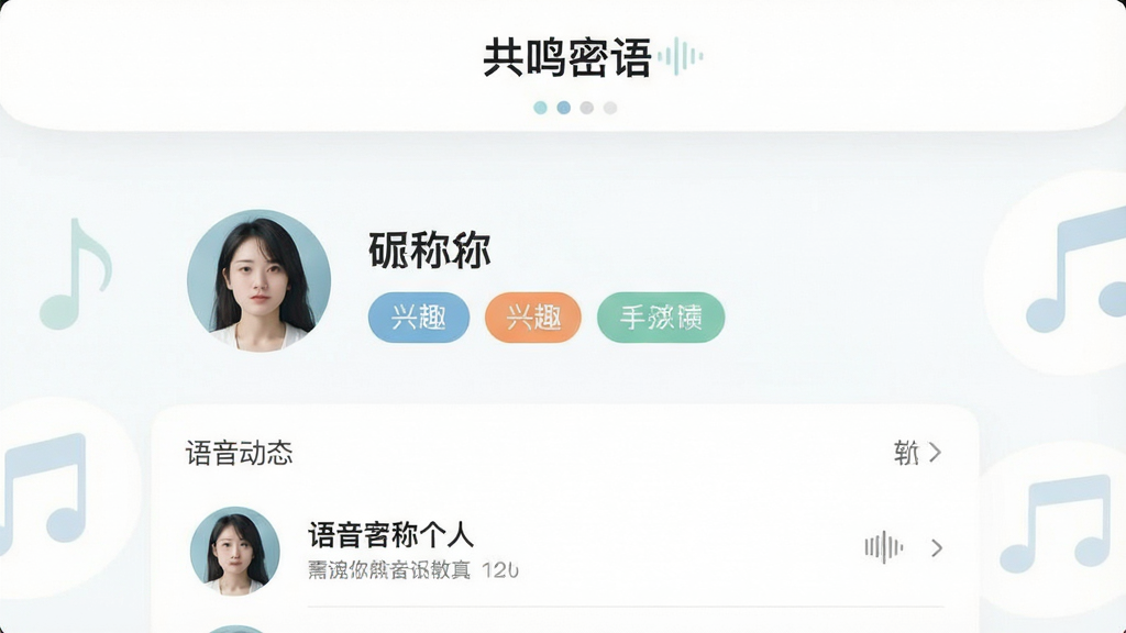 一张展示用户个人主页界面的图片,页面上有用户头像、昵称、兴趣标签和语音动态列表,界面配色清爽,顶部有