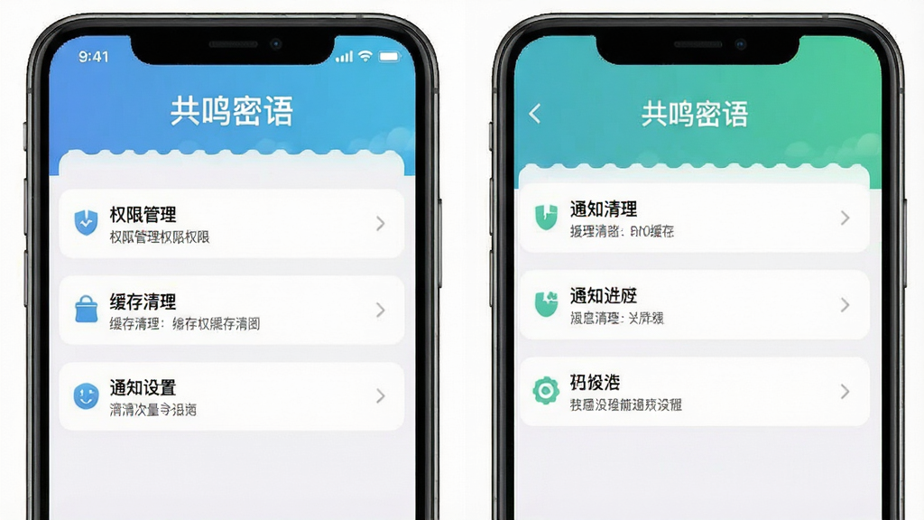 一张手机应用设置界面的图片,页面上有权限管理、缓存清理、通知设置等选项,界面顶部有