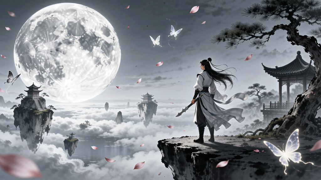 以“灵剑诀意”游戏世界观为主题的横幅插画,主体为一位仙侠角色站在悬崖边眺望远方的云海与漂浮的仙岛,画面左侧有巨大的月亮,右侧有古松与楼阁,布局采用三分法构图,风格为唯美水墨CG,细节包含飘落的花瓣与发光的灵蝶,画质超清,干净无杂乱元素,画面中不出现任何文字