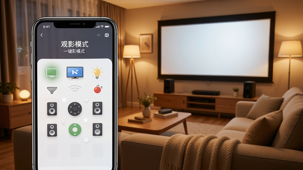 一张展示智慧万能遥控器场景联动功能的图片,手机屏幕显示“观影模式”一键控制界面,画面中有电视、音响、灯光等图标联动效果,背景是温馨的家居影院环境,风格温馨舒适,细节丰富,画质高清,干净无多余元素