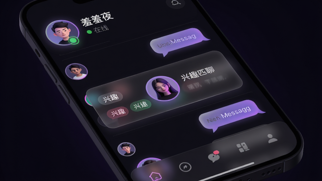 一款名为“羞羞夜聊”的手机社交应用界面展示,主体为暗色系聊天列表与语音房间入口,布局采用上下结构,顶部显示用户头像与在线状态,中部为兴趣标签匹配卡片,底部为导航栏,风格现代简约偏夜店霓虹感,细节包含柔和光晕、半透明磨砂效果、圆形头像框、消息气泡,画质高清,干净,无多余元素