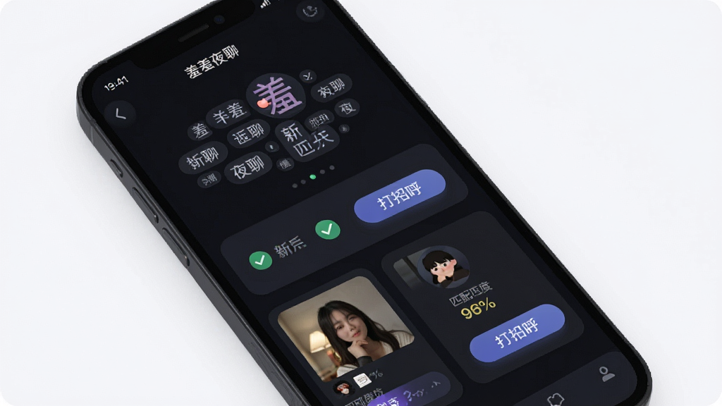 一张“羞羞夜聊”兴趣标签匹配页面的手机界面,主体为标签选择与匹配卡片,布局为上方标签云、下方用户卡片,风格清爽暗色,细节包含勾选状态、匹配度百分比、打招呼按钮,画质高清,干净,无多余元素
