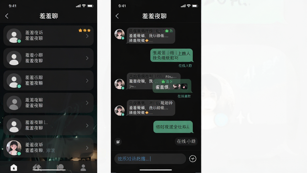 一张“羞羞夜聊”匿名倾诉房间的手机界面截图,主体为房间列表与聊天窗口,布局为顶部房间标题、中部消息流、底部输入框,风格暗色护眼,细节包含匿名头像、气泡对话、在线人数标识,画质清晰,干净,无多余元素