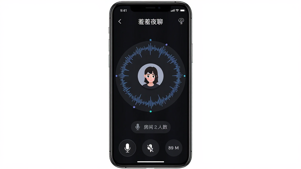 一张“羞羞夜聊”实时语音房间的手机界面,主体为麦位环形布局与语音波形,布局为中央头像环绕、底部功能按钮,风格科技感暗色,细节包含麦克风图标、静音状态、房间人数,画质清晰,干净,无多余元素