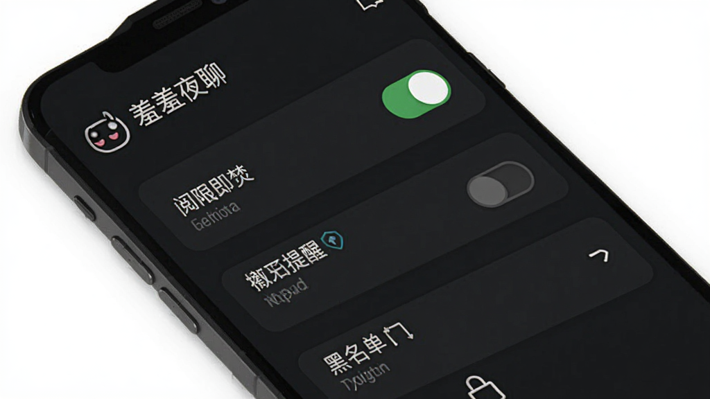 一张“羞羞夜聊”隐私设置页面的手机界面,主体为开关选项与权限列表,布局为分组设置项,风格简约暗色,细节包含阅后即焚开关、截图提醒标识、黑名单入口,画质高清,干净,无多余元素