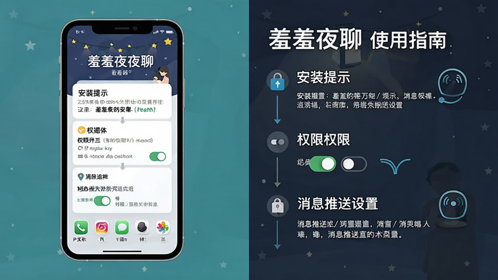 一张“羞羞夜聊”使用指南信息图,主体为手机屏幕与设置步骤,布局为左右分栏左侧手机右侧文字说明,风格扁平化教程风,细节包含安装提示、权限开关、消息推送设置,画质高清,干净,无多余元素