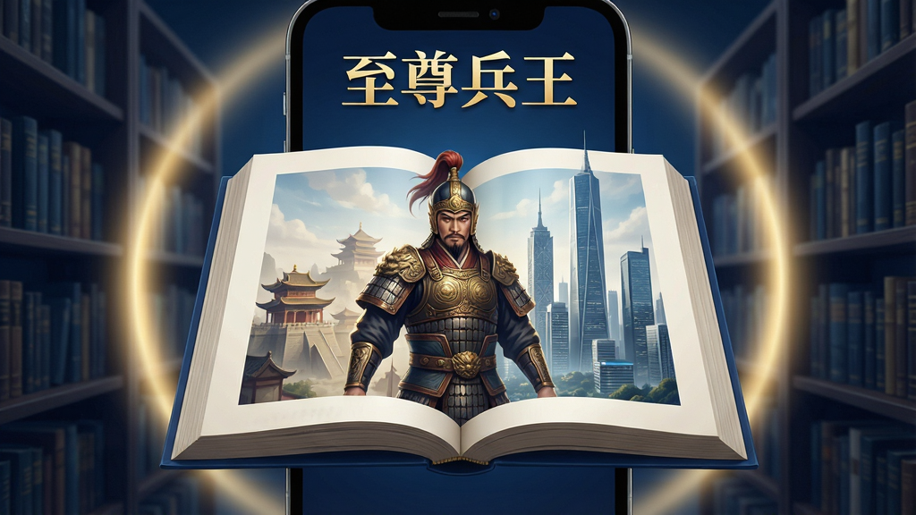 一张展示手机阅读应用界面的图片,画面中央是一本翻开的电子书,书页上浮现出古代将军与都市高楼交叠的奇幻场景,手机屏幕周围环绕着书架和柔和的光晕,画面顶部有“至尊兵王”四个字,整体风格为现代科技与古典武侠融合,色调以深蓝和金色为主,细节精致,高清画质,干净无多余元素