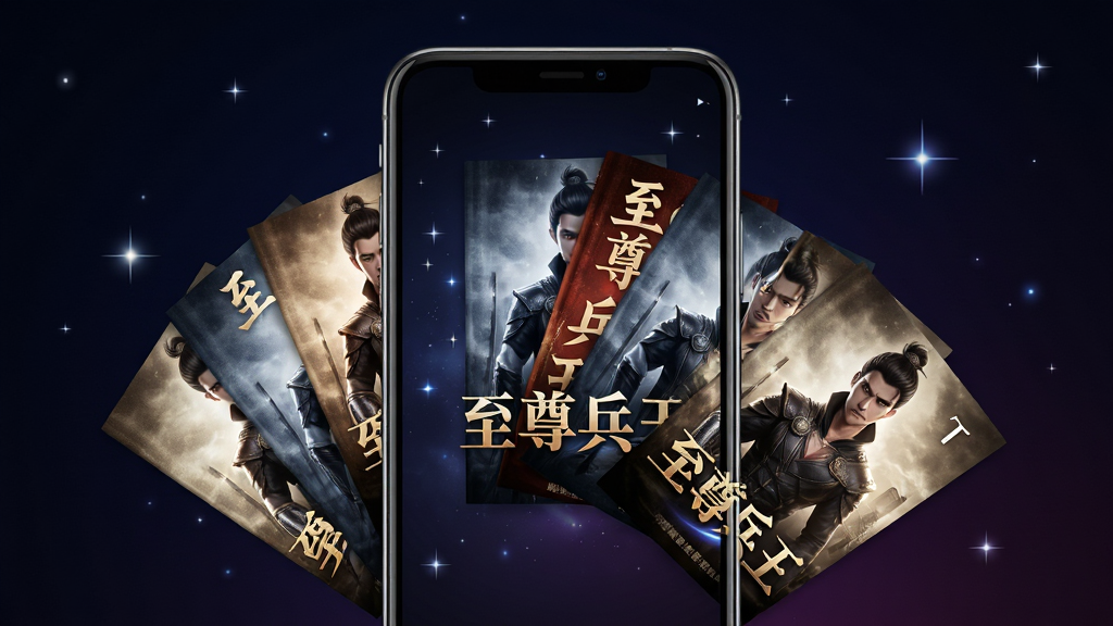 一张展示智能手机推荐界面的图片,手机屏幕中显示多本小说封面呈扇形展开,封面标题包含“至尊兵王”,背景为深色渐变,带有星光点缀,风格为现代UI设计,画面干净整洁,高清画质,无多余元素