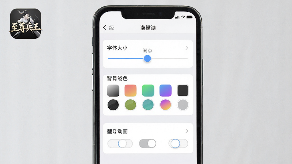 一张展示手机阅读应用设置界面的图片,画面中手机屏幕显示字体大小调节滑块、背景颜色选择器、翻页动画选项等设置项,界面风格简洁,以白色和浅灰色为主,带有“至尊兵王”应用图标,高清画质,干净无多余元素