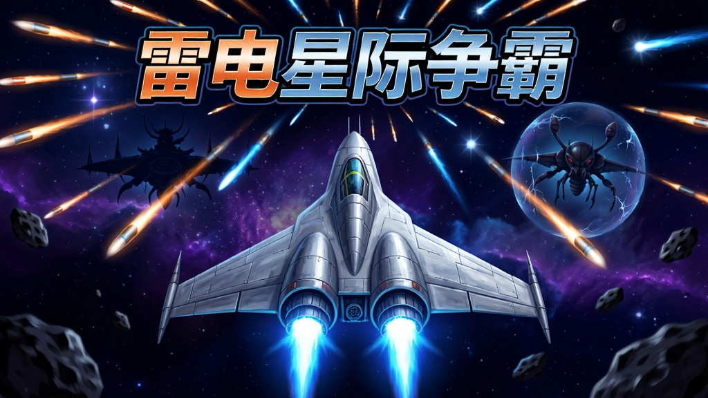 画面主体为一架银色流线型星际战机位于正中,背景为深蓝色宇宙星空与紫色星云,布局采用竖版构图,上方为密集的橙色与蓝色弹幕轨迹,下方为玩家战机尾部喷射的蓝色火焰,排版突出