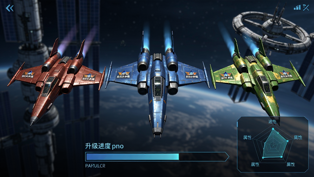 画面主体为三架不同颜色的星际战机呈品字形编队飞行,布局为居中横向排列,排版下方显示升级进度条与属性雷达图,风格为科幻游戏UI界面风格,细节包含战机表面的金属反光、机翼上的