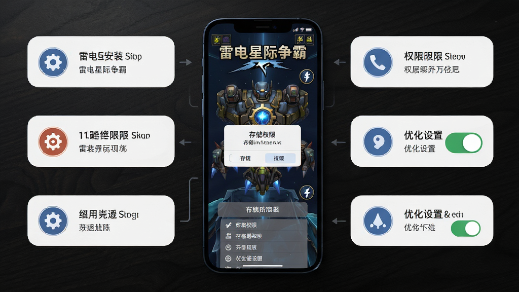 画面主体为一部智能手机竖屏显示雷电星际争霸游戏界面,布局为手机居中放置于深色桌面,排版周围环绕安装步骤图标与权限开关示意图,风格为扁平化科技教程风,细节包含