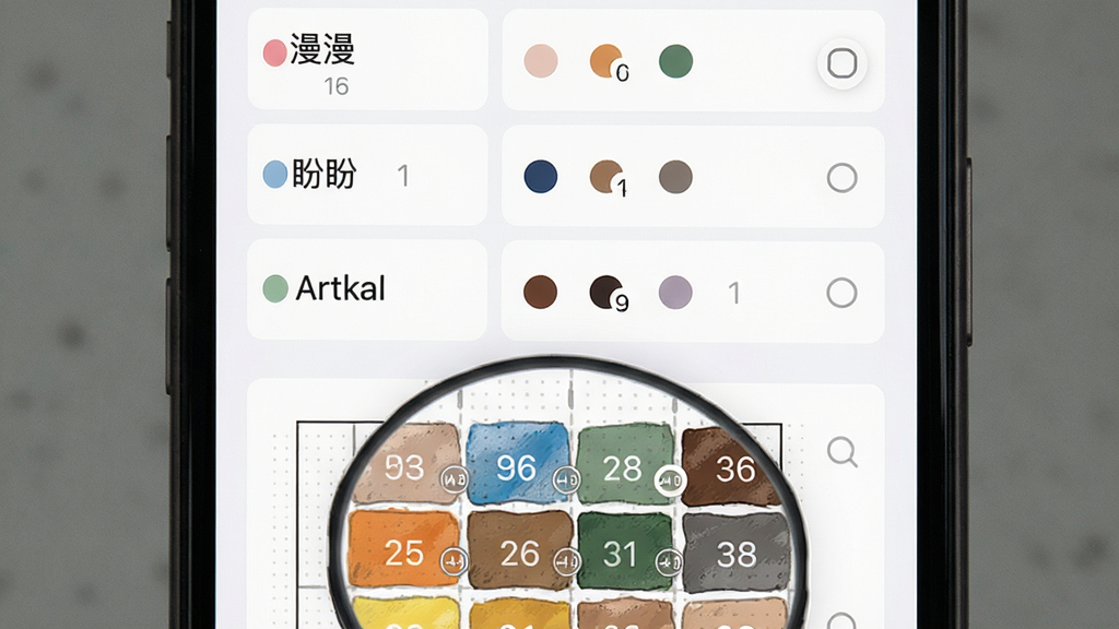 拼豆图纸免费生成的多品牌色号匹配界面,手机屏幕上显示多个拼豆品牌色卡列表,如“漫漫”“盼盼”“Artkal”等,每个色卡旁有彩色圆点与编号,下方是已生成的图纸局部放大图,色块上标注对应色号,布局为上下结构,排版整齐,风格为清爽的工具类界面,细节包括色卡名称、色号数字、选中高亮效果,画质高清,干净无多余元素